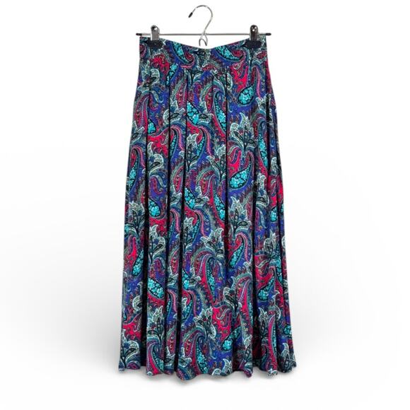 Vintage Dresses & Skirts - Vintage 1980s Blue Red Paisley Midi Skirt Women 6 Made USA Classic Pull On Retro
